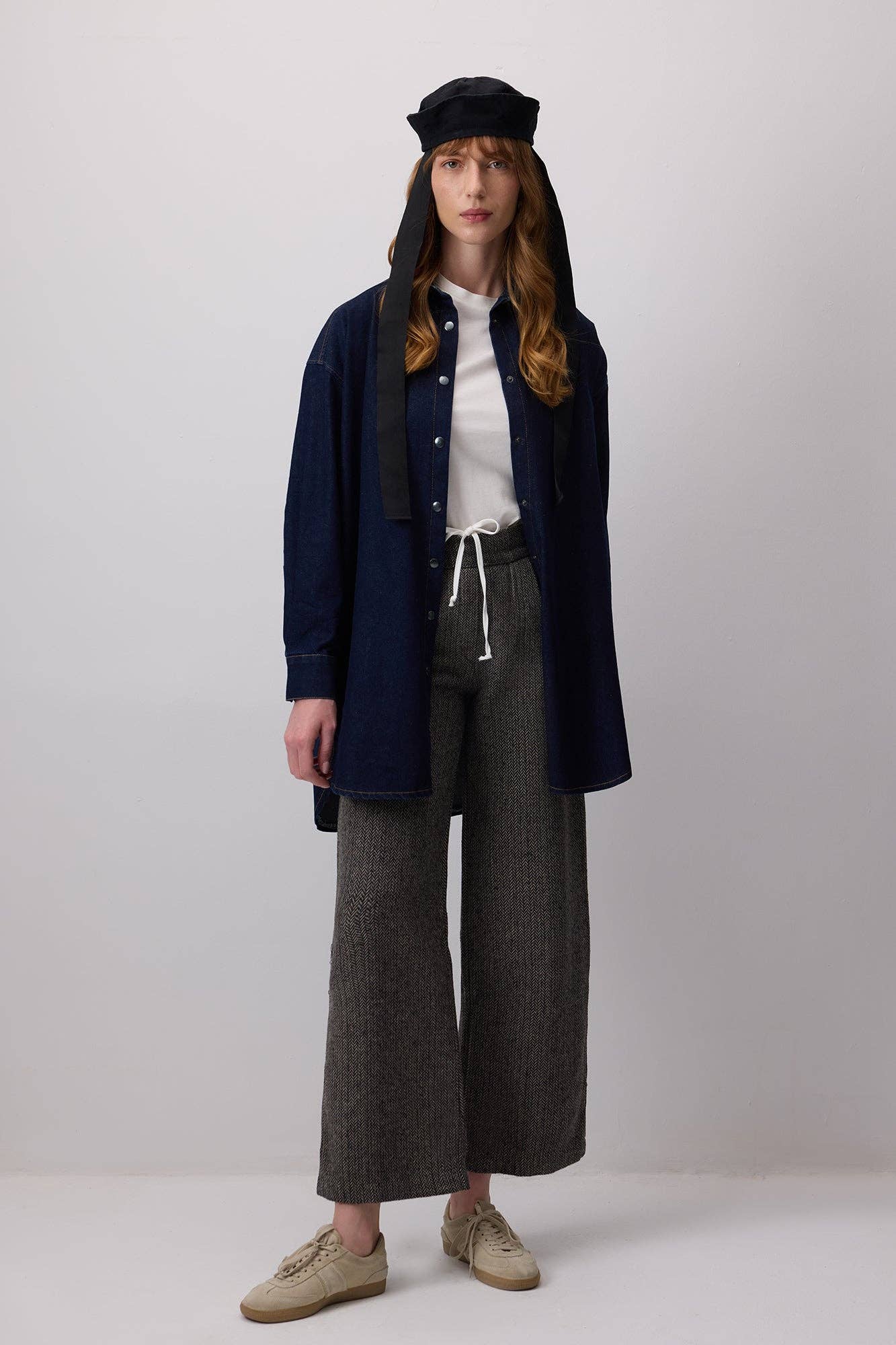 Touché Privé - Herringbone Wide-Leg Palazzo Trousers with Drawstring Waist
: Siyah / M