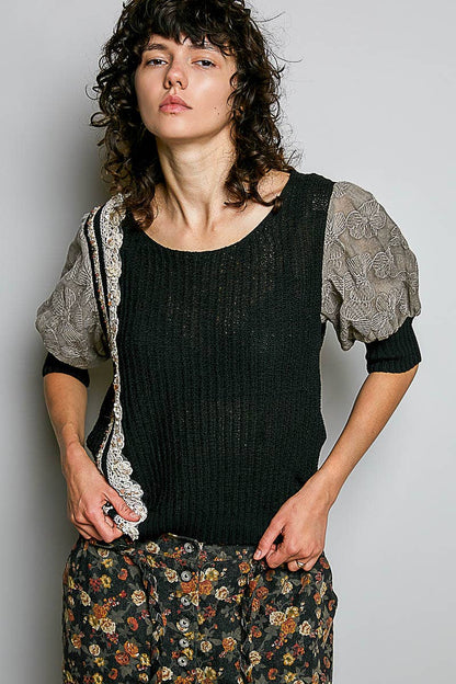 Pol Clothing - Balloon Sleeve bead Trim Point Acrylic Sweater Top : Black / L