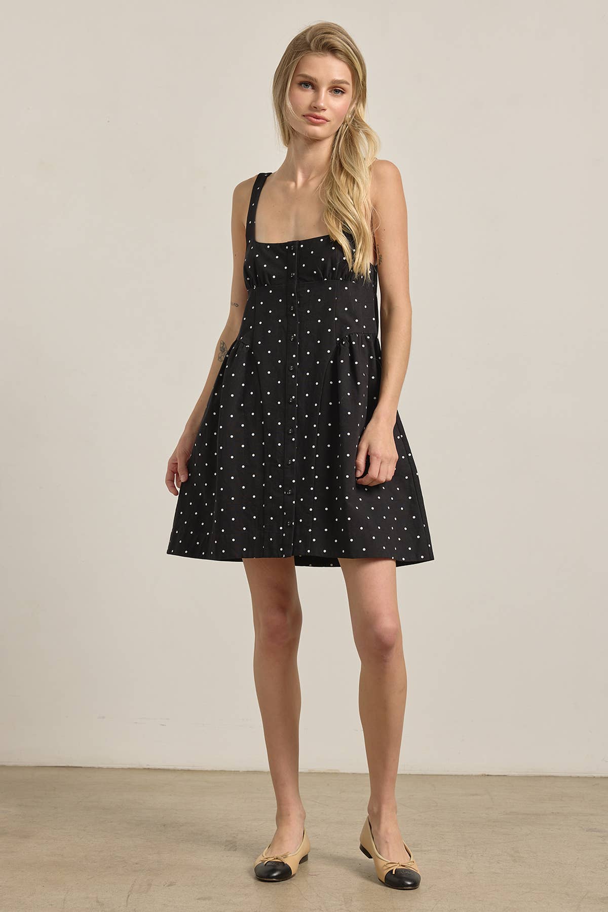 RAISONNEL - Polka Dot Button-Down Mini Dress - RD1256: BEIGE POLKA DOT / S-M-L (3-2-1)