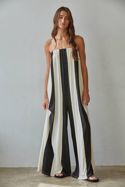 By Together - L9308 | Knit Viscose Spandex Striped Tube Wide Leg Jumpsuit: Black Cream / M