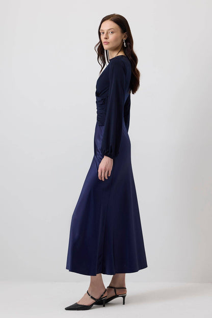 Touché Privé - DRAPED FRONT PLEATED HEM BLOUSE WITH BALLON SLEEVES : Navy Blue / M