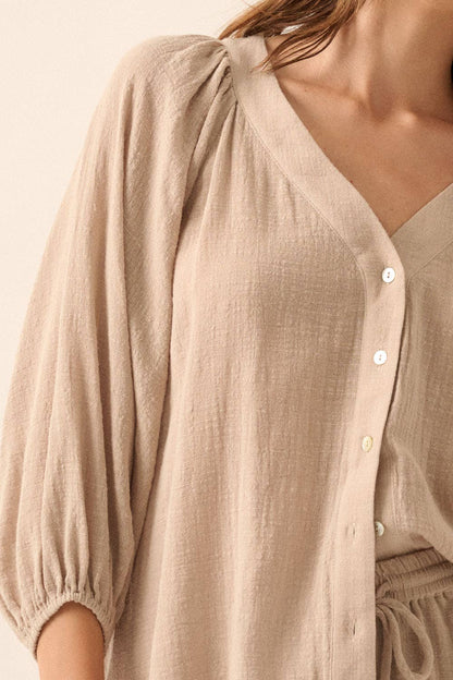 Promesa USA - Textured Button-Front Three Quarter-Sleeve Top: Off White / S