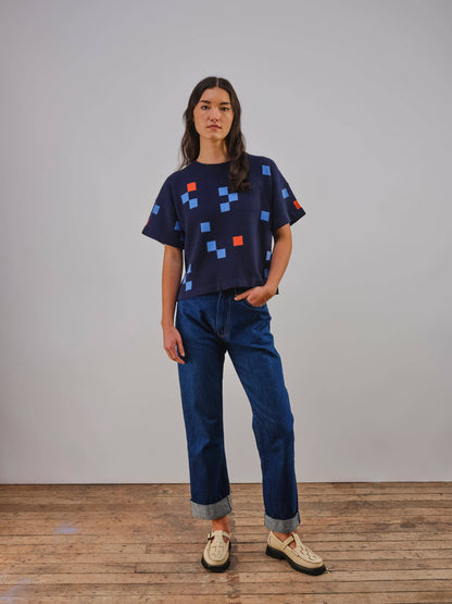 The Endery - Albers Short Sleeve Sweater Tee- Indigo: M/L