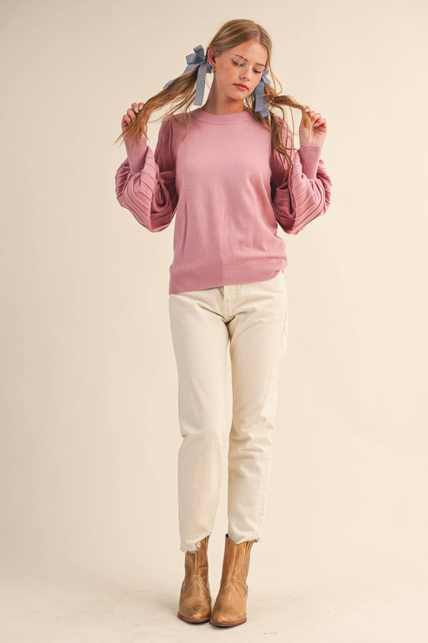 &MERCI - STRIPE TEXTURE PUFF SLEEVE SWEATER MSW9485: ROSEMARY GREEN / S