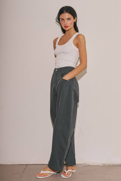 BEIGE BOTANY - A4108P-1 LADIES WOVEN COTTON WIDE LEG BARREL PANTS: Vintage Navy / S