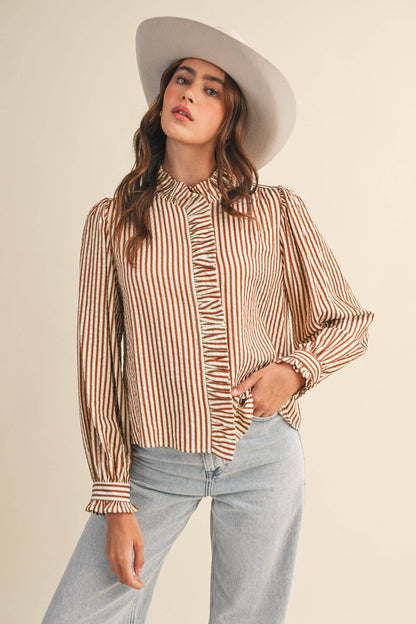 &MERCI - STRIPED RUFFLED BUTTON DOWN LONG SLEEVE TOP MTP4319: Denim Blue Stripe / L