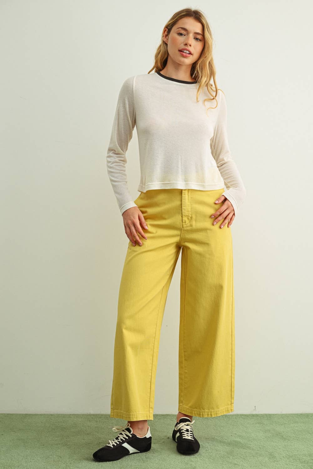 MIOU MUSE - ET7016   ESSENTIAL RINGER LONG SLEEVE TOP: CREAM/NAVY / M