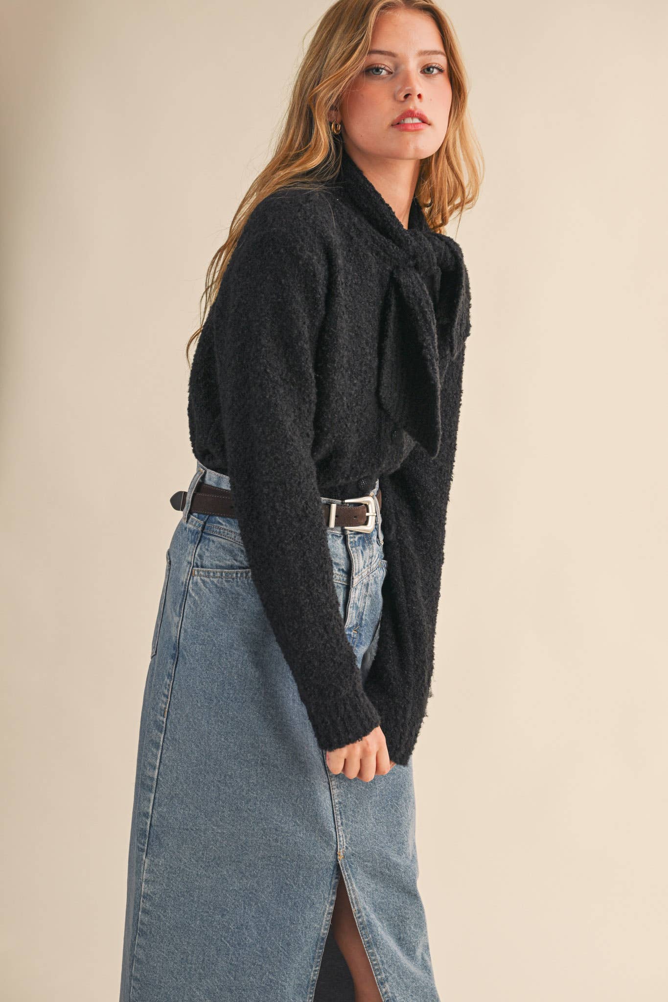 &MERCI - TYING NECK SWEATER CARDIGAN MSW11027: Black / M