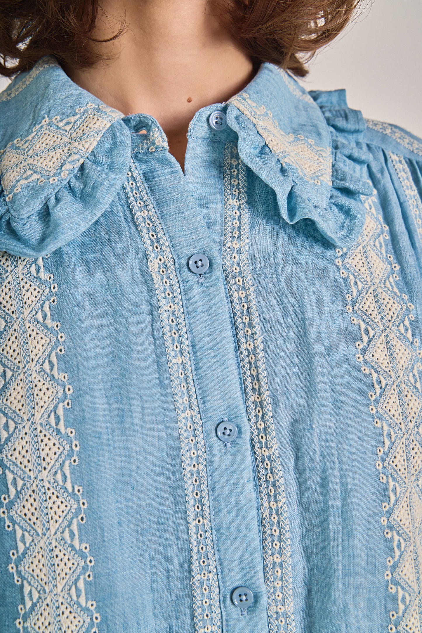 English Factory - Embroidered Ruffle Collar Blouse: POWDER BLUE/NATURAL / M