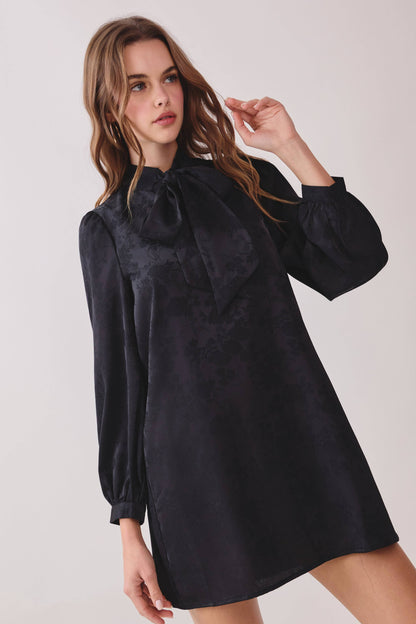 TCEC - CD06446-Floral Pattern Oversized Bowtie Detail Mini Dress: Black / M