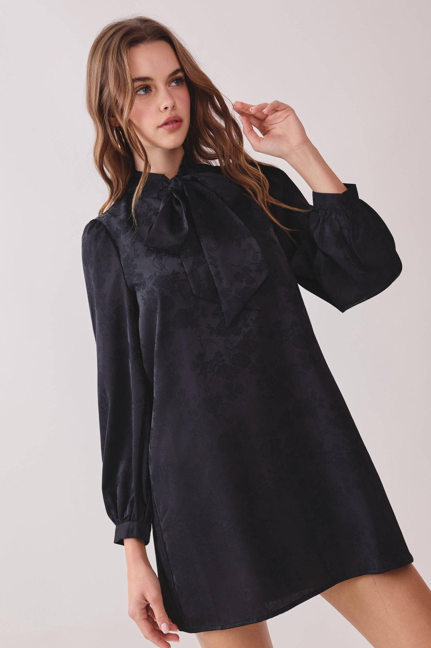 TCEC - CD06446-Floral Pattern Oversized Bowtie Detail Mini Dress: Black / S