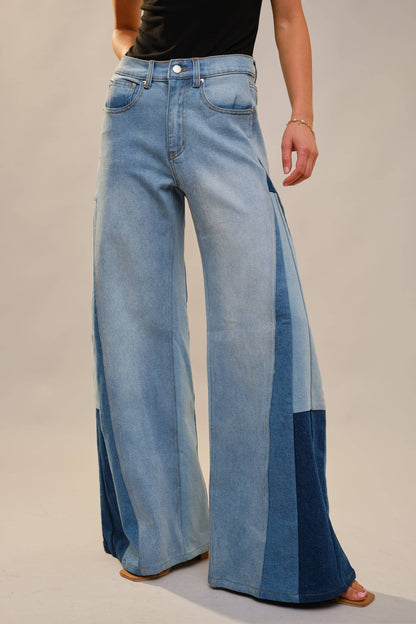 Blue B - 91673P - High Rise Super Wide Leg Color Block Jeans: MEDIUM WASH / S-M-L (2-2-2)