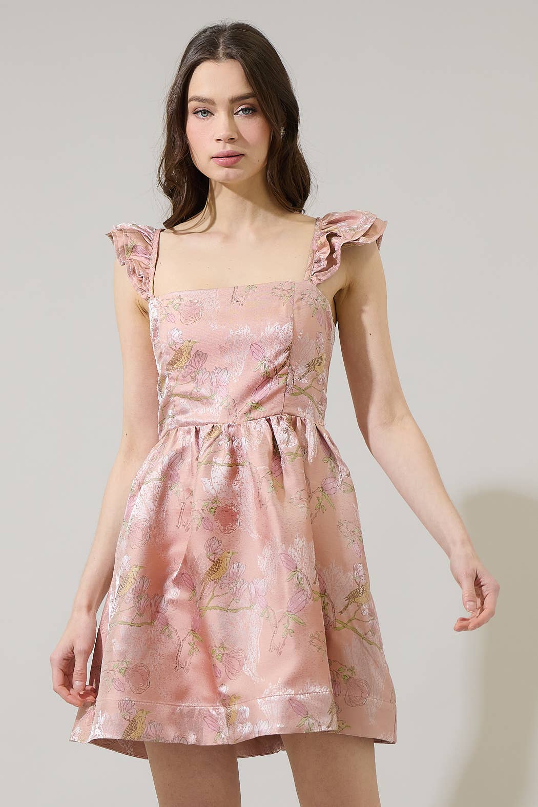 Sugarlips - Romie Floral Jacquard Ruffle Mini Dress: CoralMulti / XS