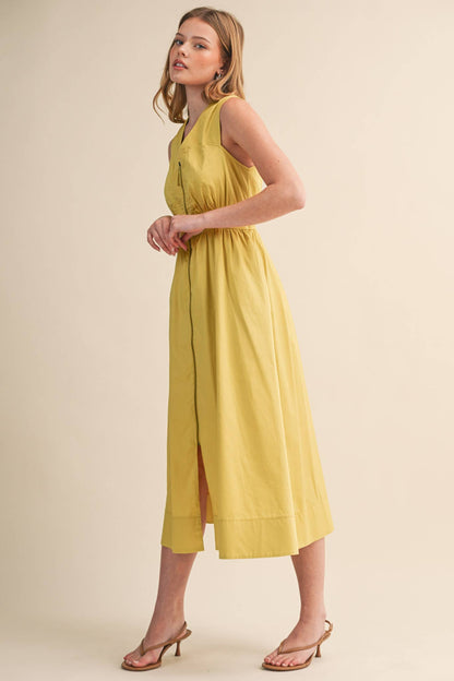 &MERCI - ZIPPER FRONT SLEEVELESS MIDI DRESS MDR4848: CITRON / M
