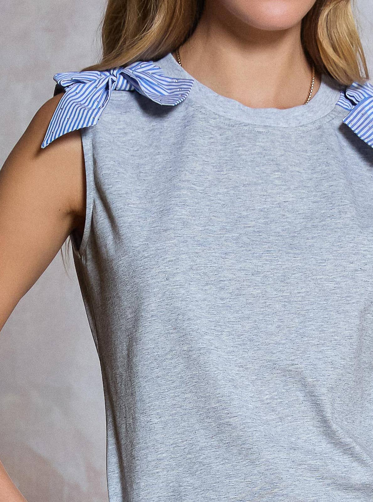 Current Air - Bow Shoulder Sleeveless Top: Heather Grey / L