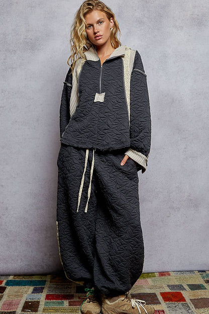 Pol Clothing - Vintage washing solid trim quilted knit jogger pants: CHARCOAL / S