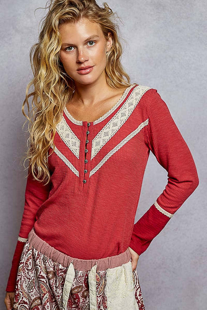 Pol Clothing - Long sleeve double gauze solid knit rib top: Black / S