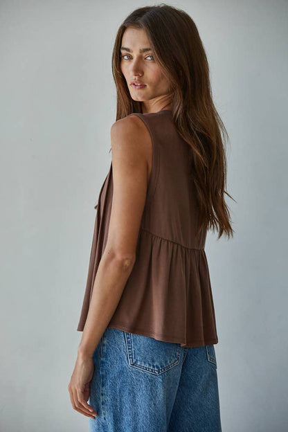 By Together - L9117 | Knit Rayon Spandex Jersey Round Neck Sleeveless Top: Cream / M