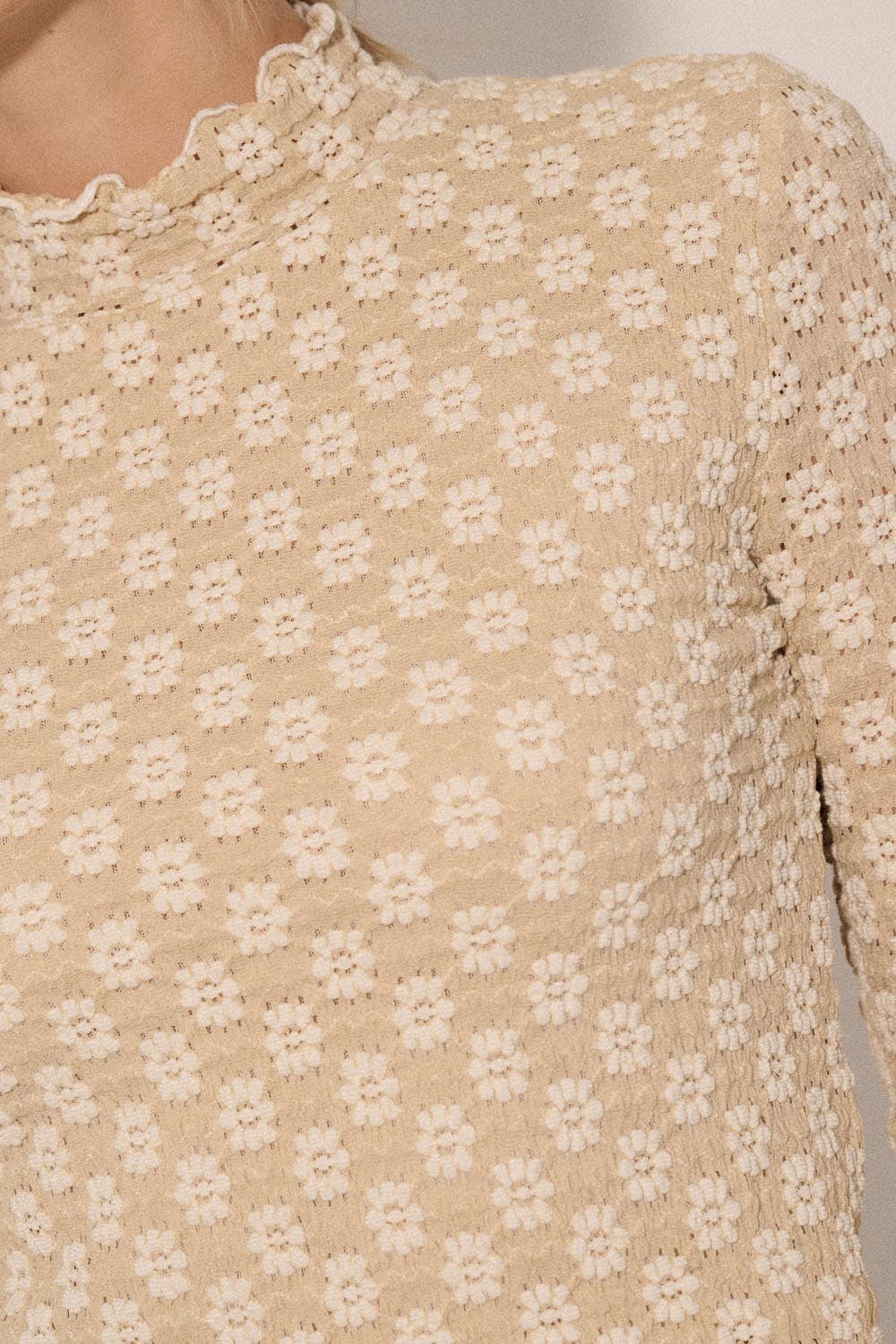 Promesa USA - Textured Floral Lace Cropped Mock Neck Top: Black / L