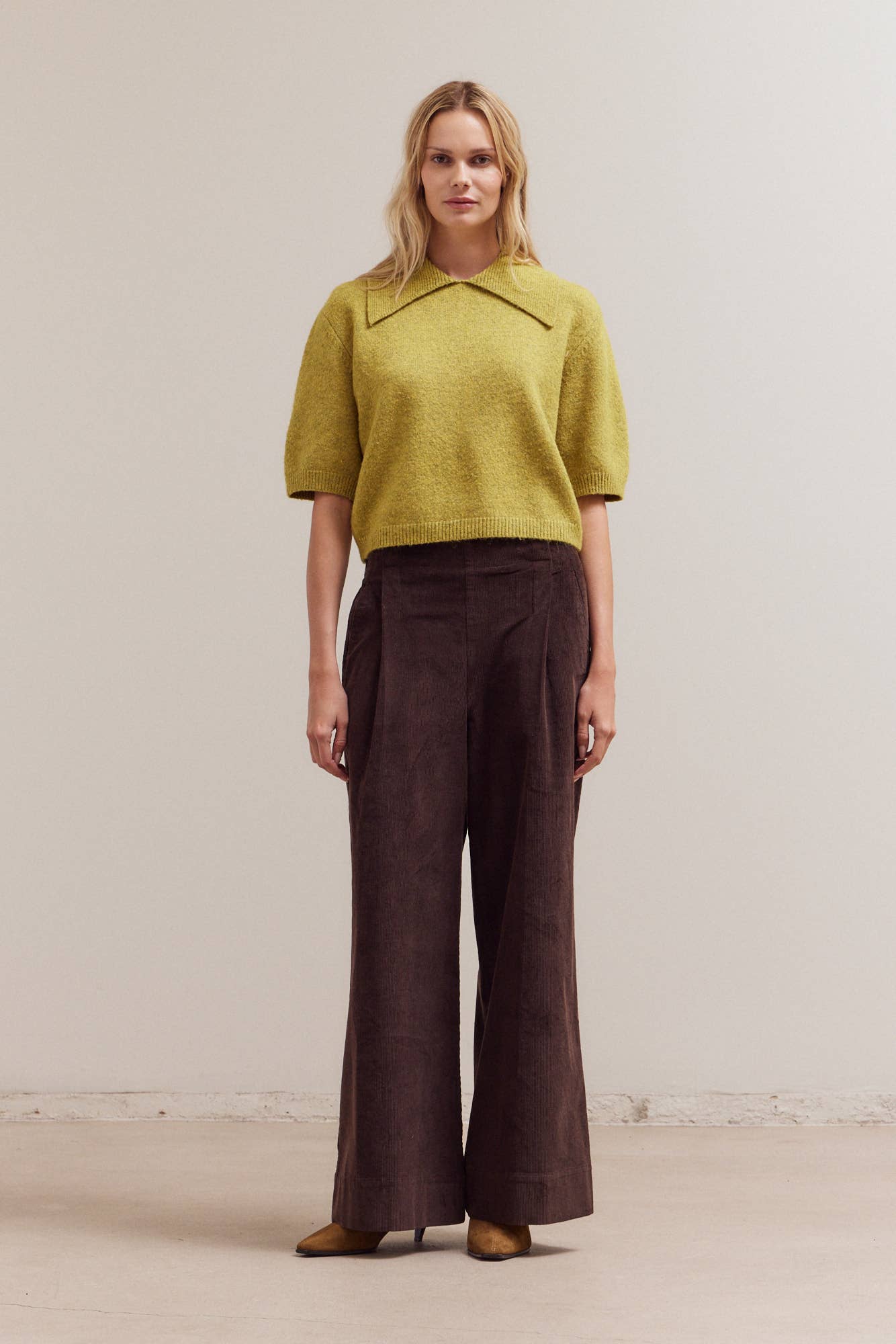 Grade & Gather - 42034 - 3/4 SHORT SLEEVE COLLAR NECK KNIT TOP: CITRON / Contemporary / LARGE