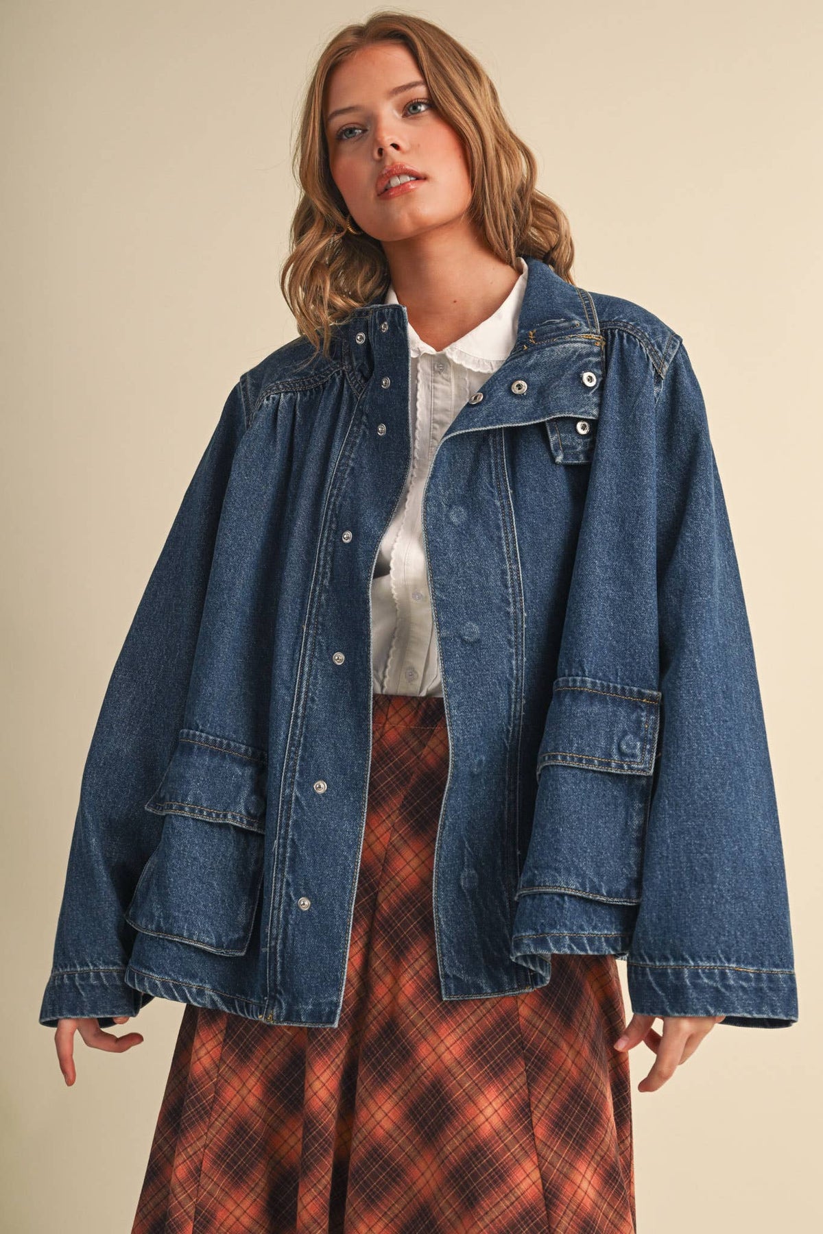 &MERCI - DENIM STAND COLLAR UTILITY JACKET MJK5157: DARK VINTAGE BLUE / L
