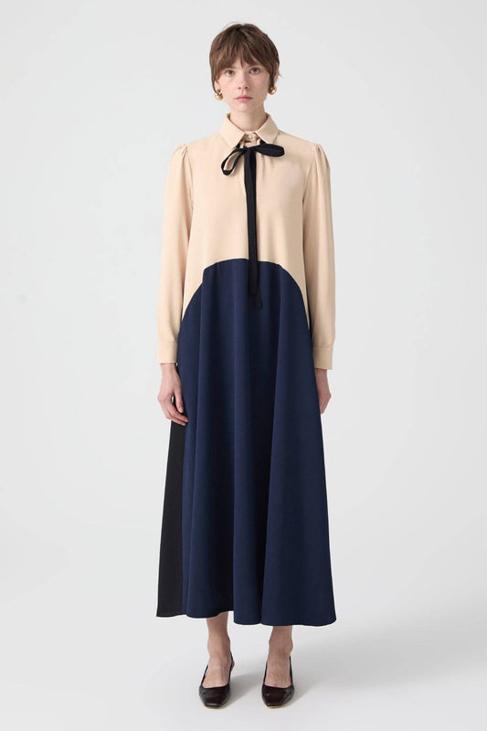 Touché Privé - CREPE TIE NECK MAXI DRESS - MODEST COLORBLOCK ELEGANCE: Navy Blue / S