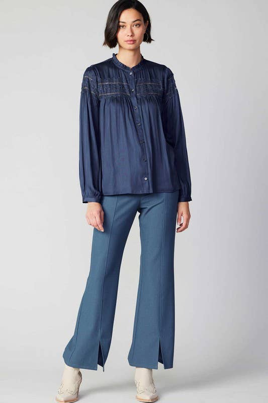 Current Air - Lace Detailed Button Down Blouse: Slate Navy / M