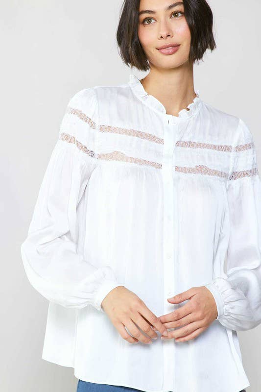 Current Air - Lace Detailed Button Down Blouse: Slate Navy / M