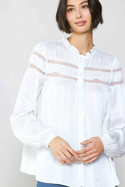 Current Air - Lace Detailed Button Down Blouse: Slate Navy / L