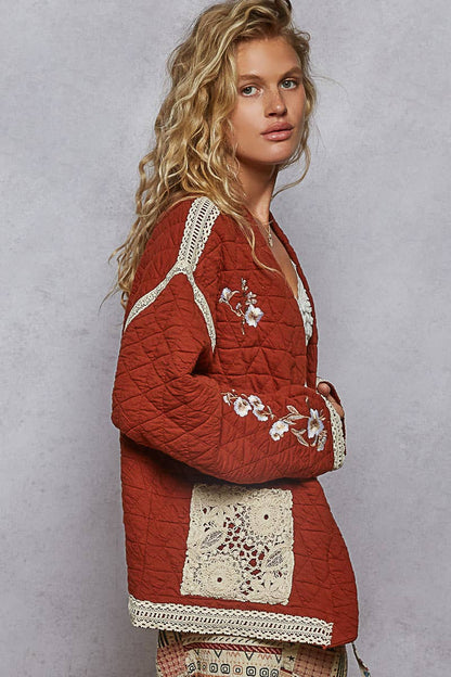 Pol Clothing - Embroidery Quilted Knit Jacket: BRICK / L