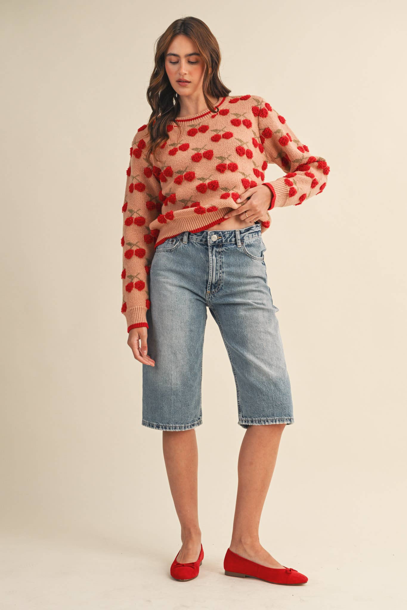 &MERCI - FUZZY CHERRY SWEATER MSW11122: Taupe Red Multi / M