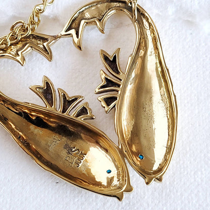 Bisjoux - Brass double fish  heart aquamarine pendant Necklace