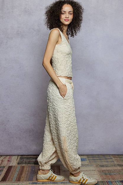 Pol Clothing - Vintage washing solid trim quilted knit jogger pants: CHARCOAL / S