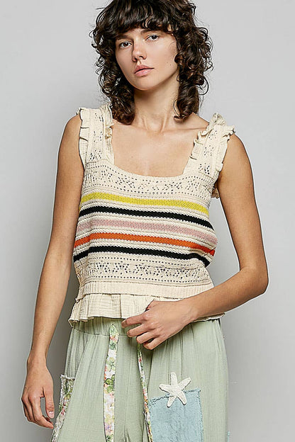 Pol Clothing - Sleeveless Striped Ruffle Cropped Thin Sweater Knit Top: NATURAL / L