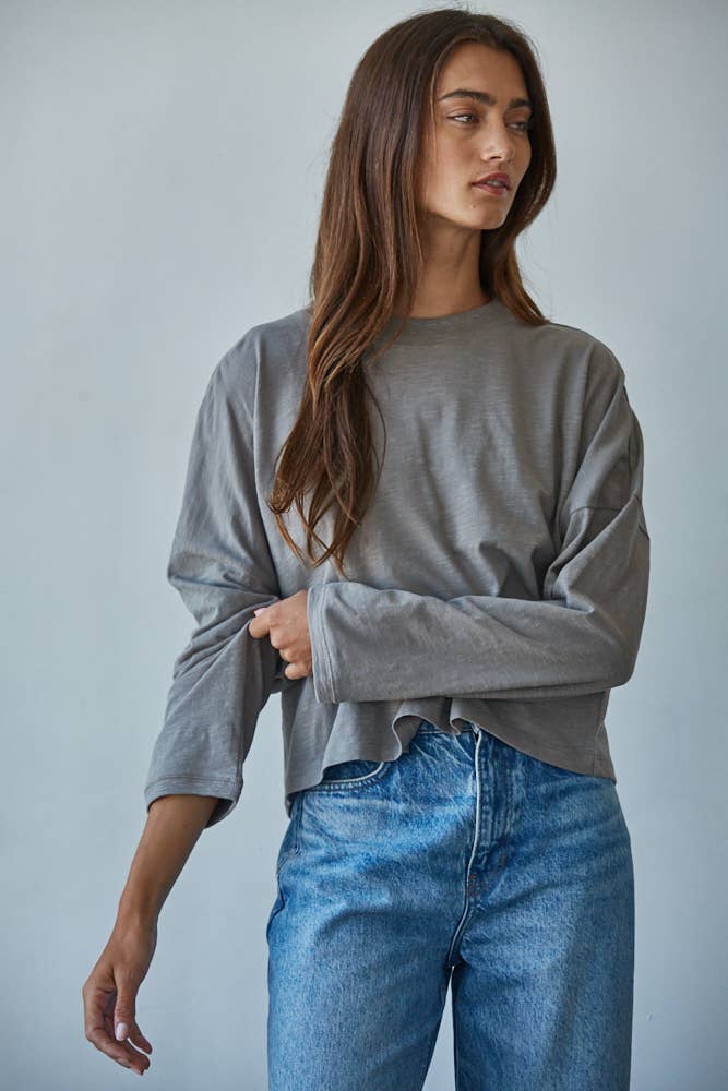 By Together - L8748 | Knit Cotton Mock Neck Long Wide Sleeve Top: Deep Taupe / S