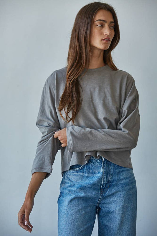 By Together - L8748 | Knit Cotton Mock Neck Long Wide Sleeve Top: Deep Taupe / M