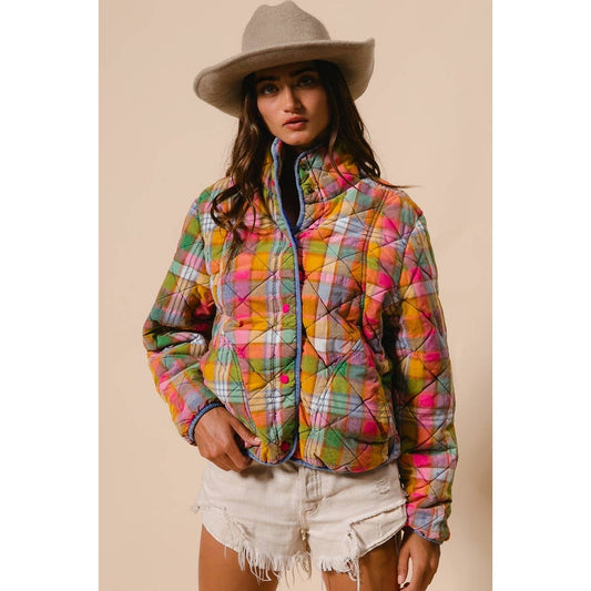 IVE - Bleached Vintage Plaid Quilted Jacket With Pockets: STAINED GLASS / S-M-L-XL(2-2-2-2)