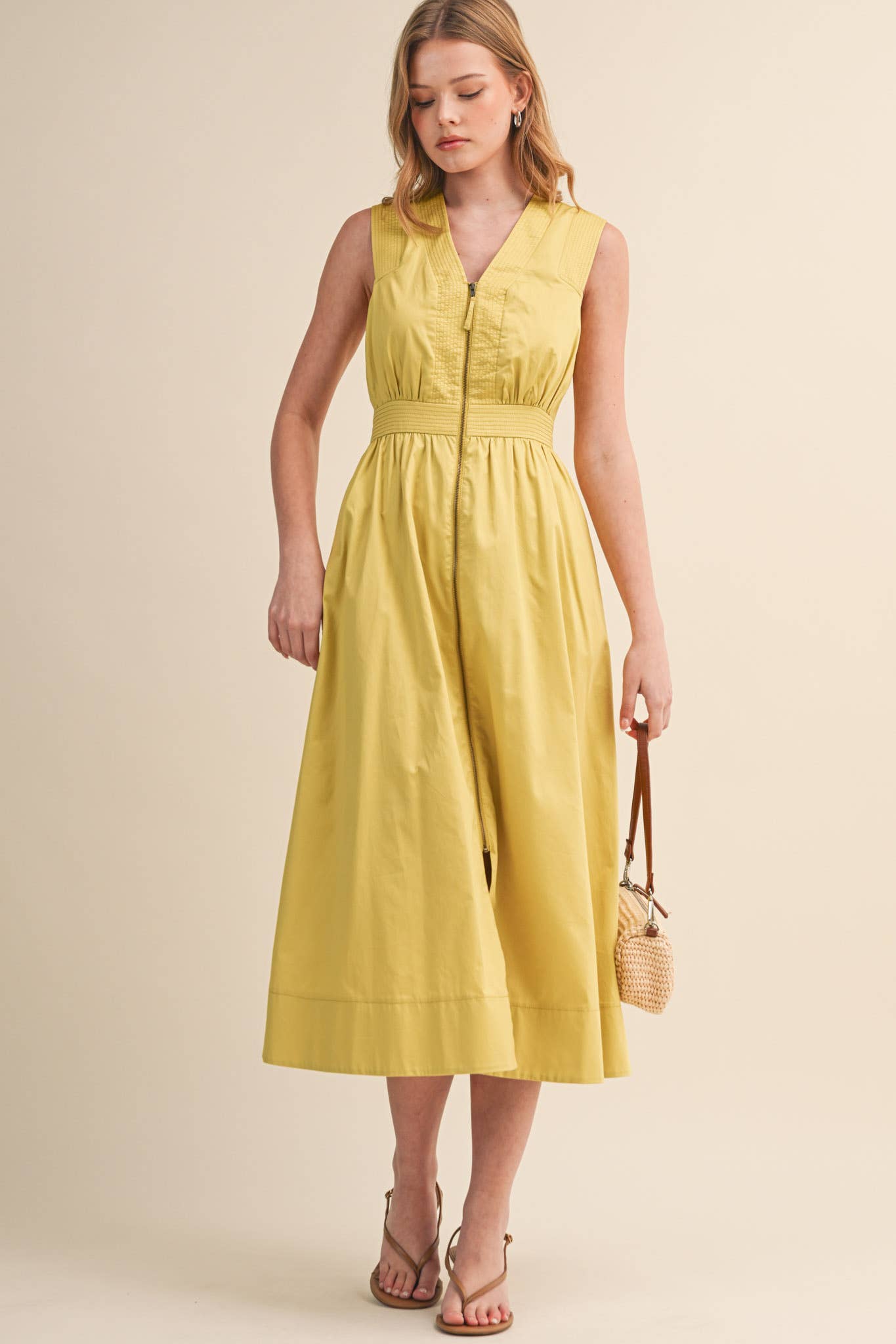 &MERCI - ZIPPER FRONT SLEEVELESS MIDI DRESS MDR4848: CITRON / S