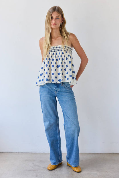 RAISONNEL - Polka Dot Smocked Cami Top - RT1308: POLKA DOT / S-M-L (3-2-1)