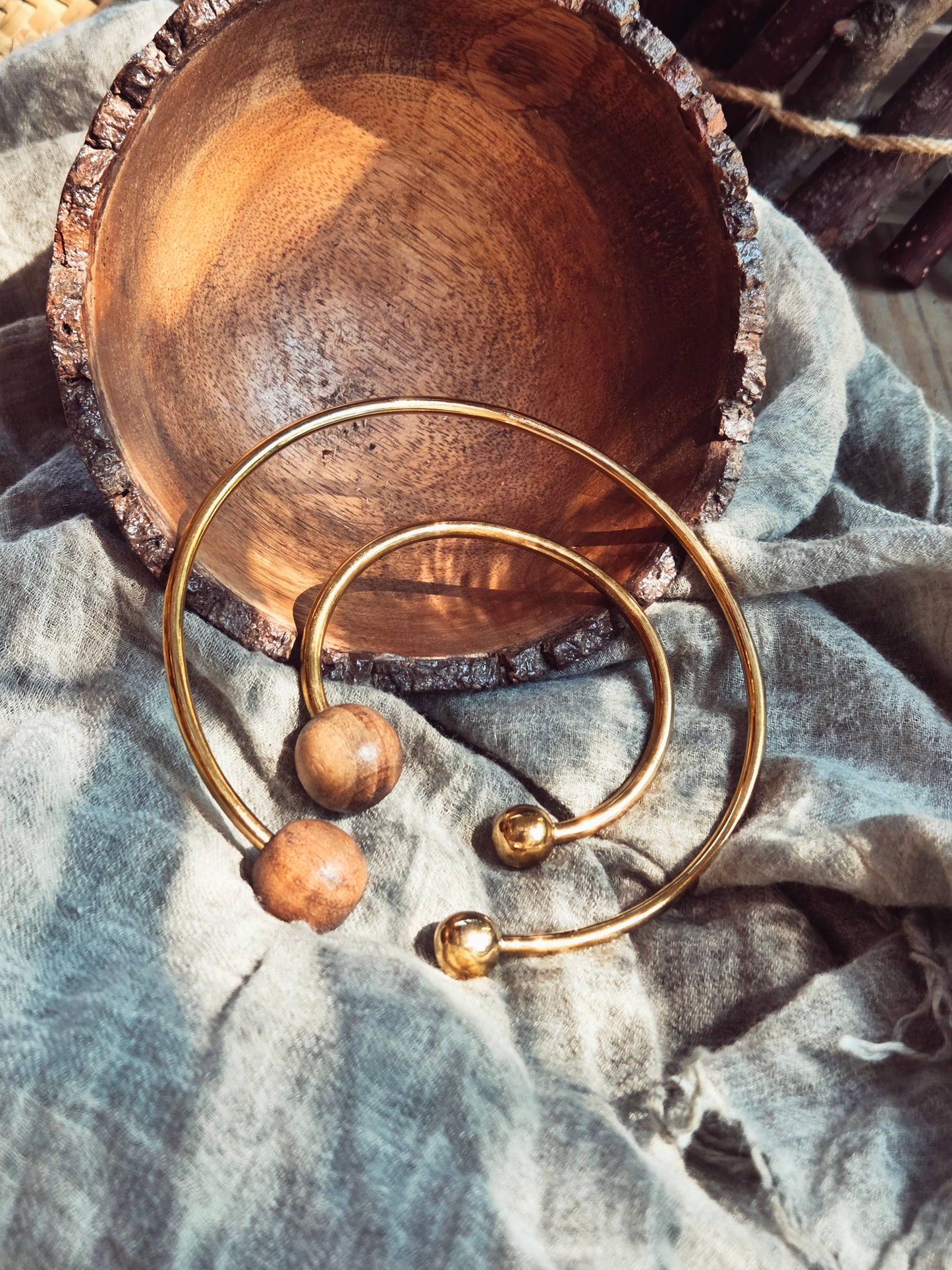 Bisjoux - Wood brass bangle cuff bracelet modern runway designer: 1 wood sphere