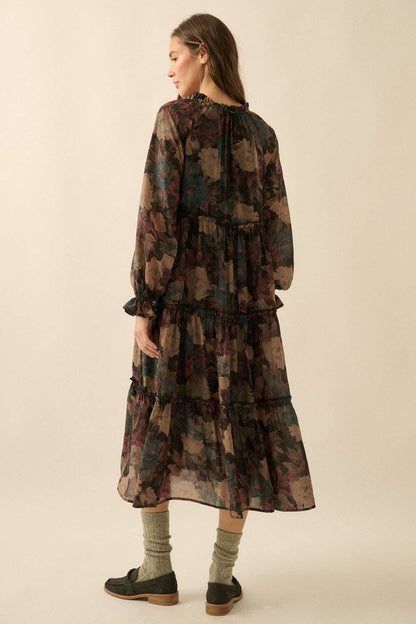 Promesa USA - Floral-Print Tiered Ruffle Long-Sleeve Midi Dress: SAND / L