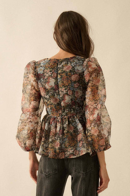 Promesa USA - Floral-Print Organza Puff-Sleeve Peplum Top: BLACK / S