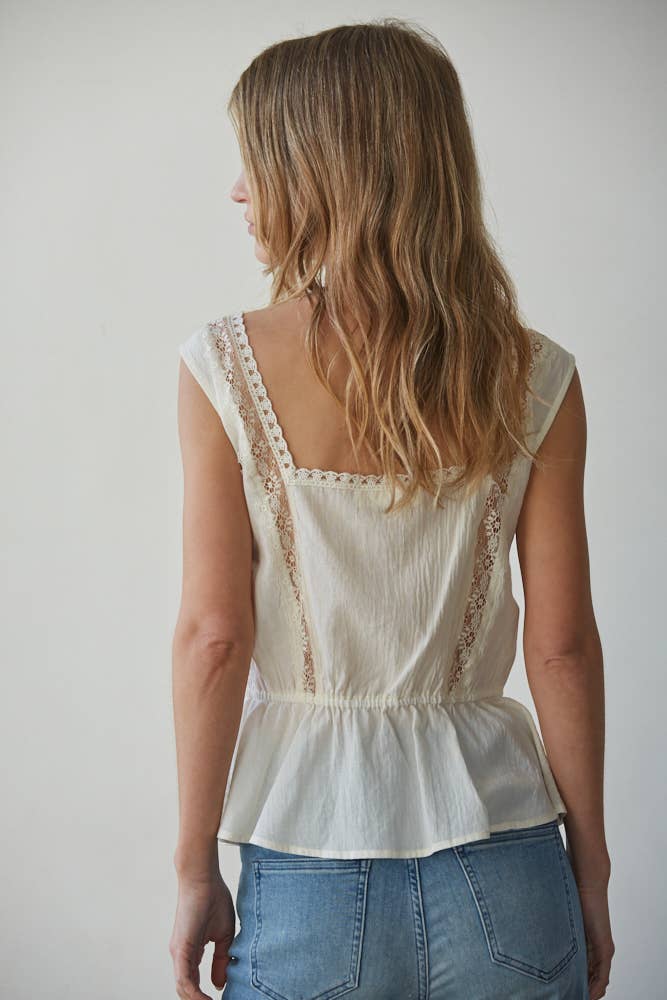 By Together - L9449 | Woven Cotton Sleeveless Square Neck Peplum Top: Cream / L