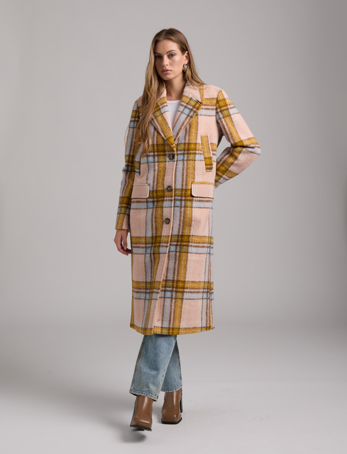 NVLT - D5259NVL - FAUX WOOL MAXI SINGLE BREASTED BOYFRIEND JACKET: BROWN PLAID / M