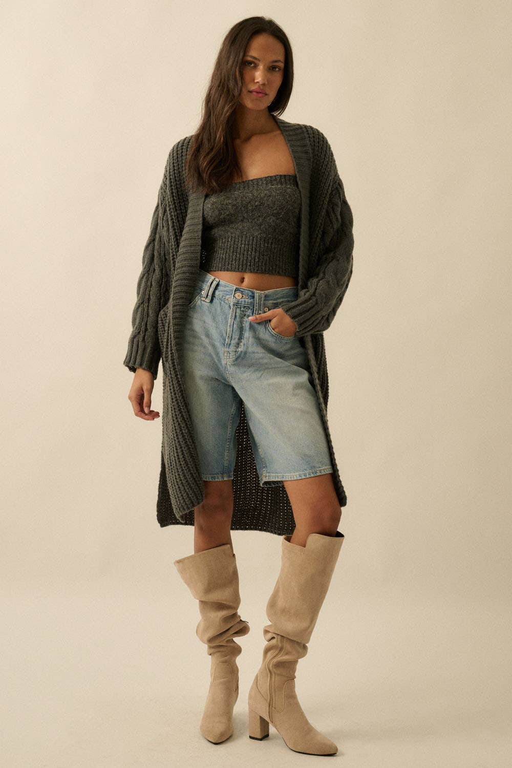 Promesa USA - Solid Rib Knit Open Front Cable Knit Cardigan: Sunburn / M