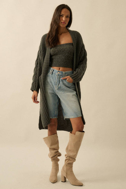 Promesa USA - Solid Rib Knit Open Front Cable Knit Cardigan: Sunburn / M