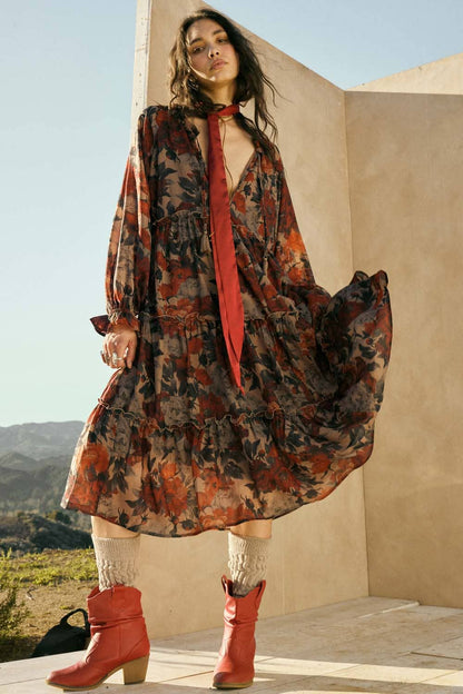 Promesa USA - Floral-Print Tiered Ruffle Long-Sleeve Midi Dress: SAND / L