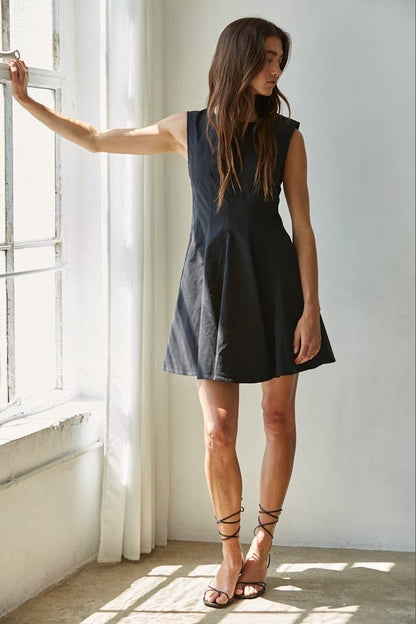 By Together - L8589 | Woven Cotton Nylon Spandex Flare Mini Dress: Black / M