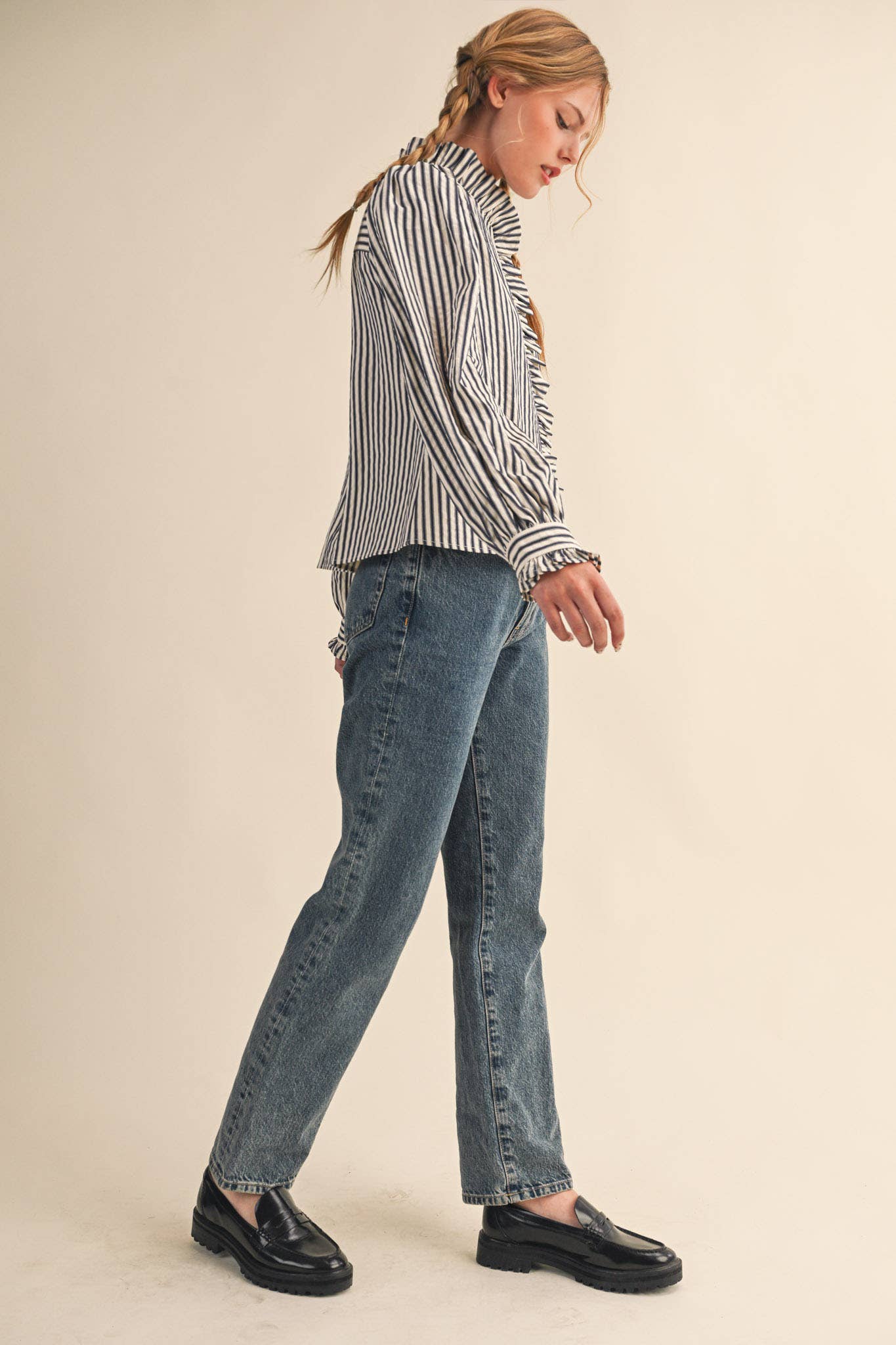 &MERCI - STRIPED RUFFLED BUTTON DOWN LONG SLEEVE TOP MTP4319: Denim Blue Stripe / M
