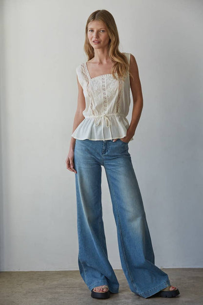 By Together - L9449 | Woven Cotton Sleeveless Square Neck Peplum Top: Cream / S
